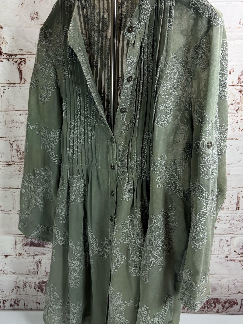 True Grit Sage Green Printed Button-Front Tunic